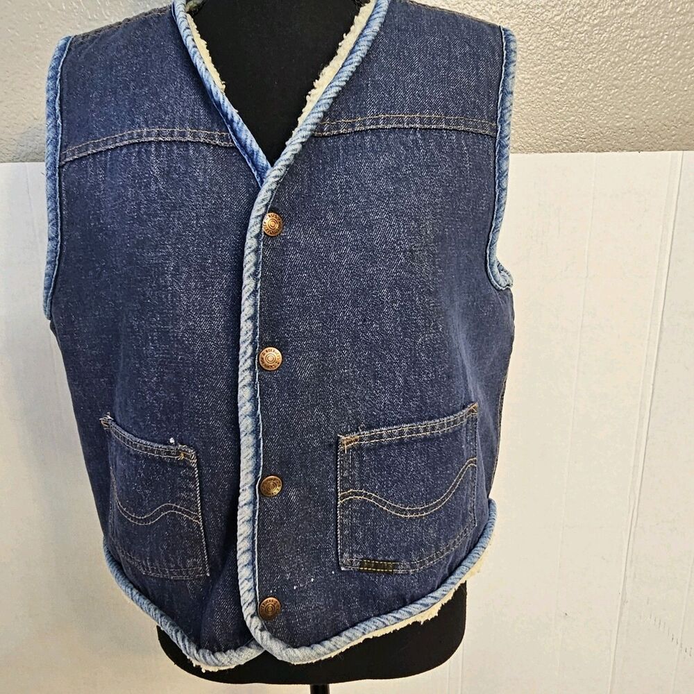 Vintage Sears Roebucks Blue Denim Vest Faux Sherpa Lining Sz Large Truckee Q0323